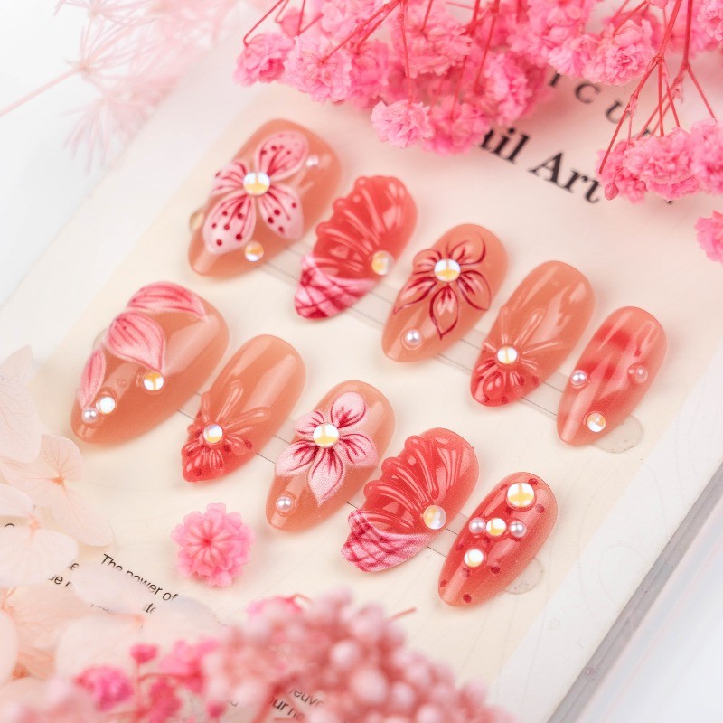 Press on Nail – Pink Cherry Blossoms, Medium To Long Almond Nails, 30 Piece Set
