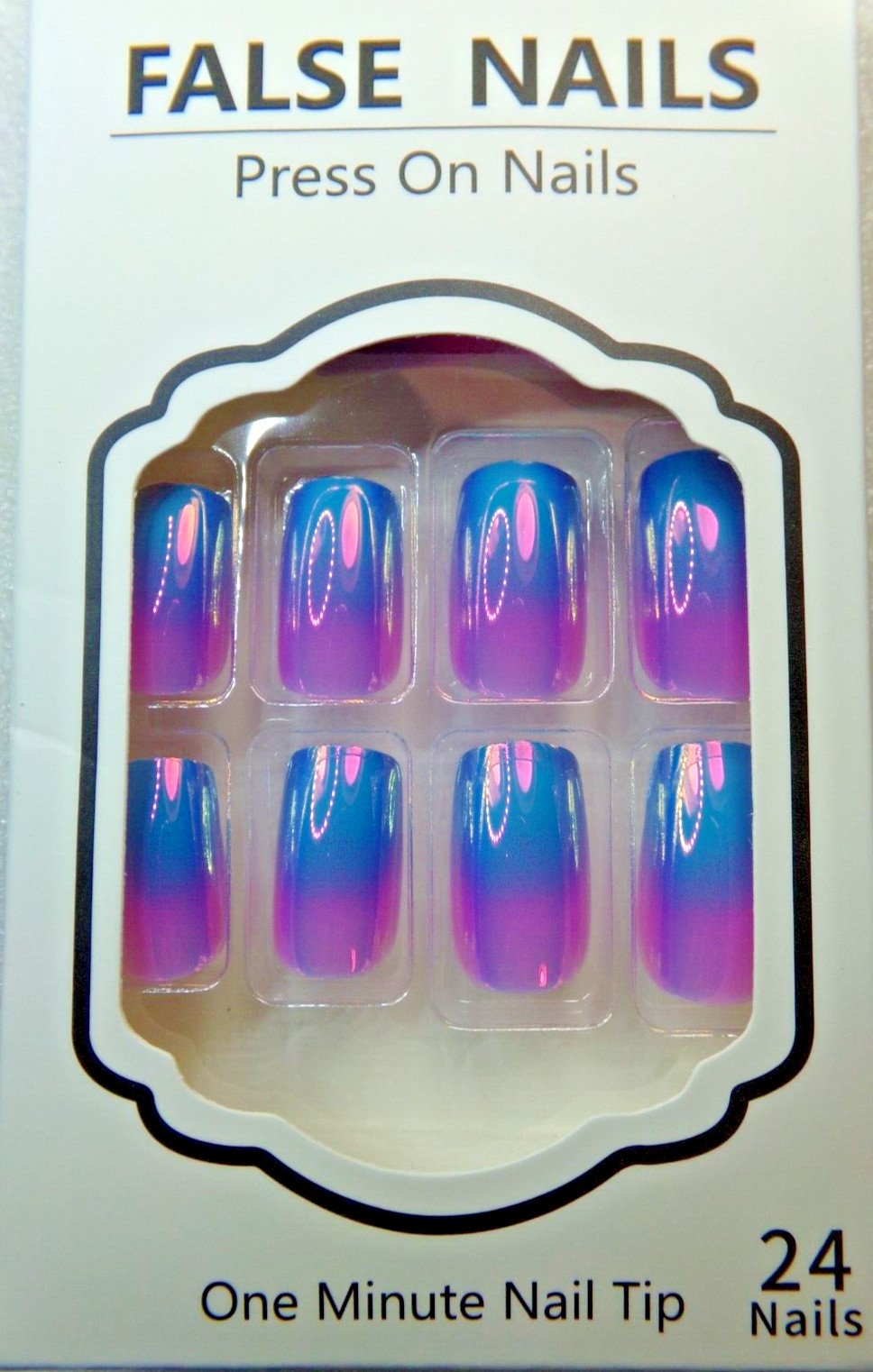 Beautiful Nails Shiny Iridescent Blue & Pink Ombre glue on or Tabs Medium