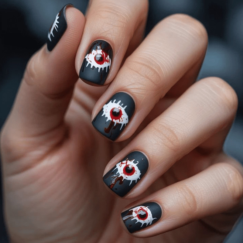 46Pcs-Halloween Short Square Bloody Eye Horror Fake Press on Nails Set