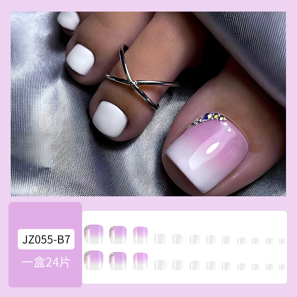 Short Toe Press-On Fake Nail Glitter Diamond Pure Color Gradient Pedciure 24pcs