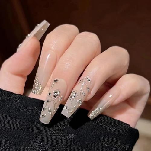 MISUD Long Coffin Press-On Nails with Bling Glitter Rhinestone, 24 Pcs