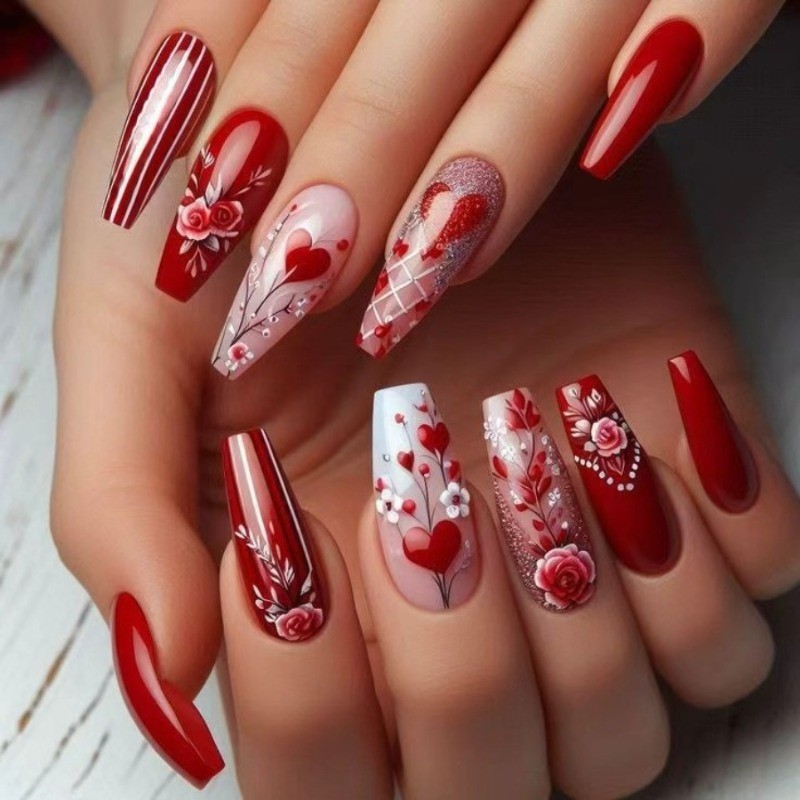 48PCS long red and white heart-shaped rose reusable red fake nail art