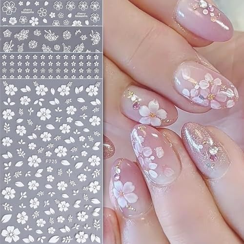 4 Sheets 3D White Flowers Nail Stickers, Self – Adhesive Cherry Blossom Style 7