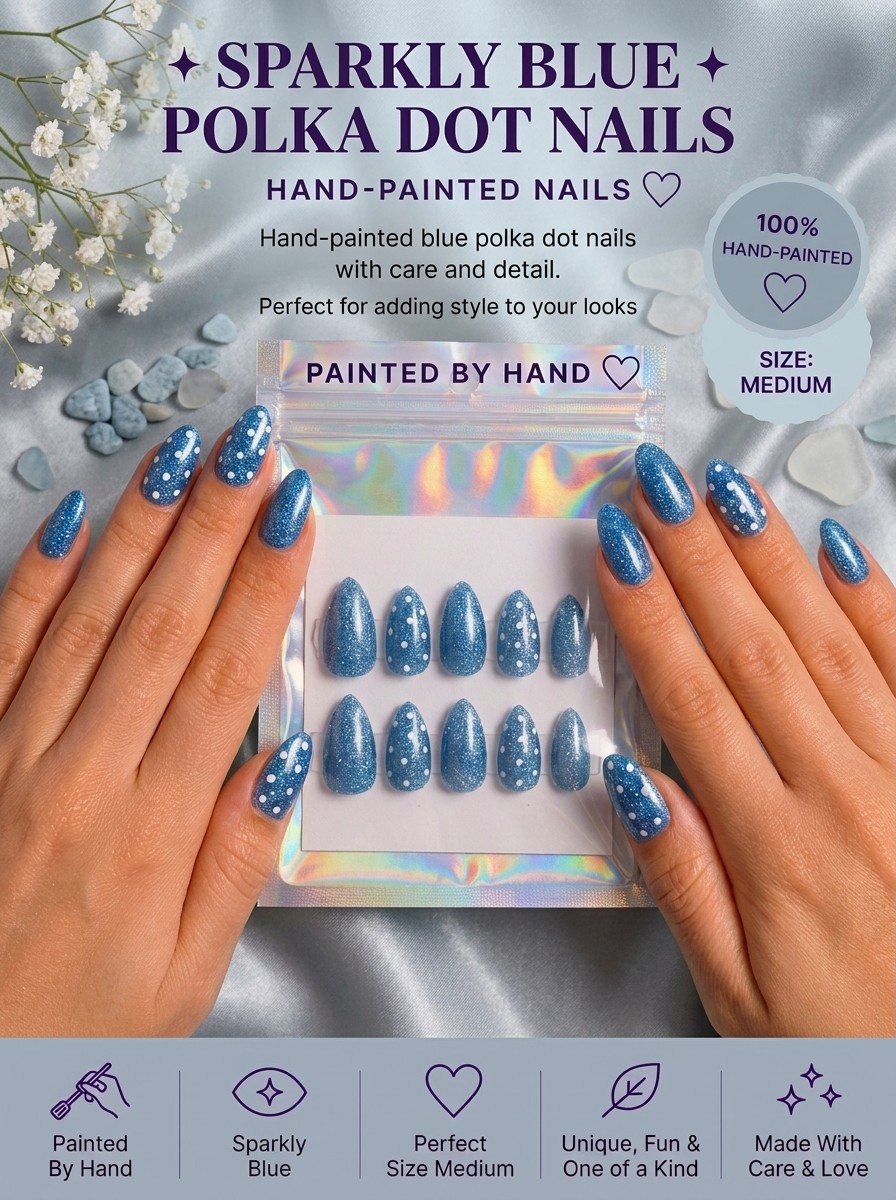 Hand painted Almond All Size Press-on Nails, Blue And Polka Dots