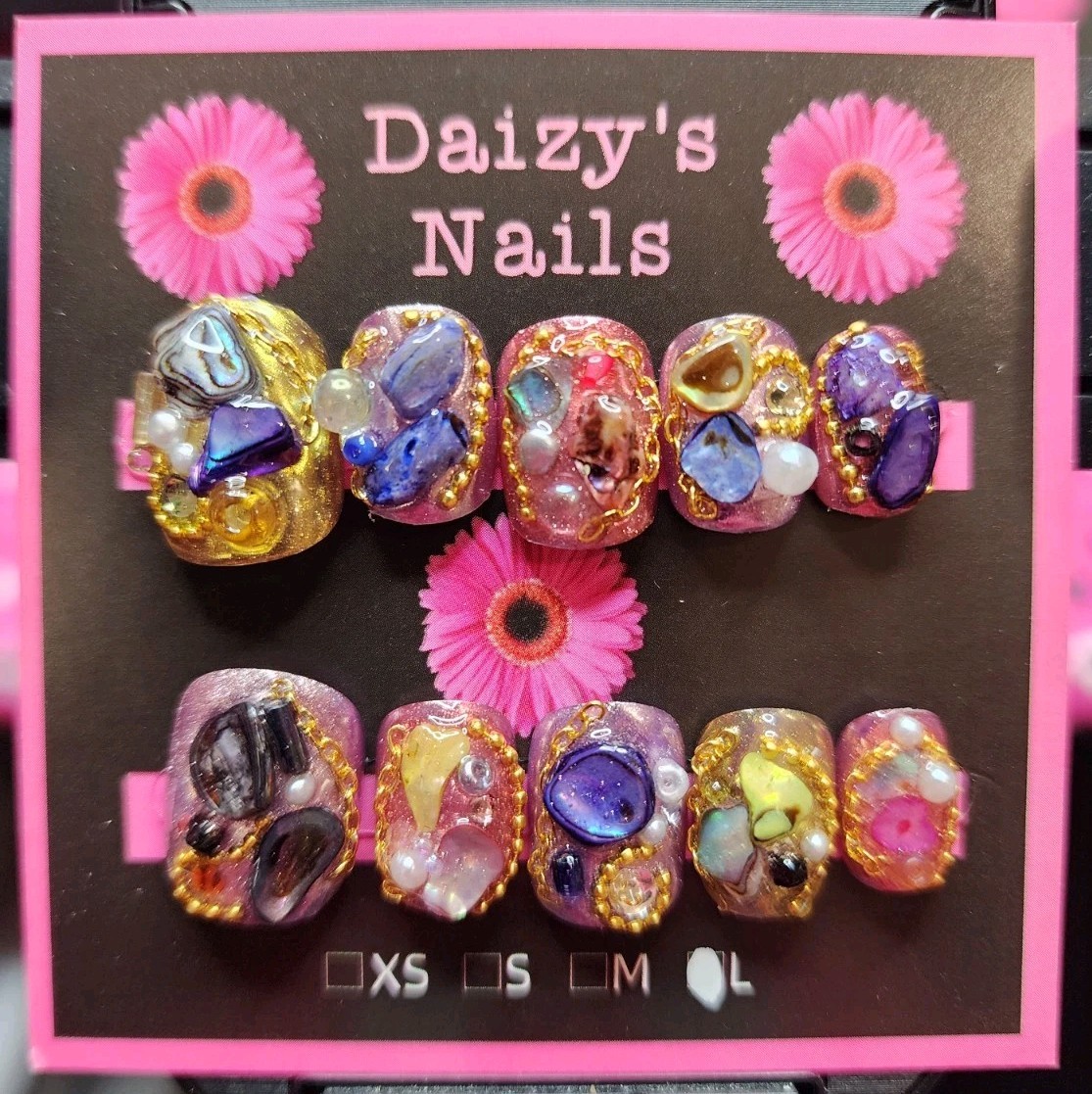 Large Size Press-on Nail 10Pc Set Handmade Round Junk Stones Short 1.5 Cm Length