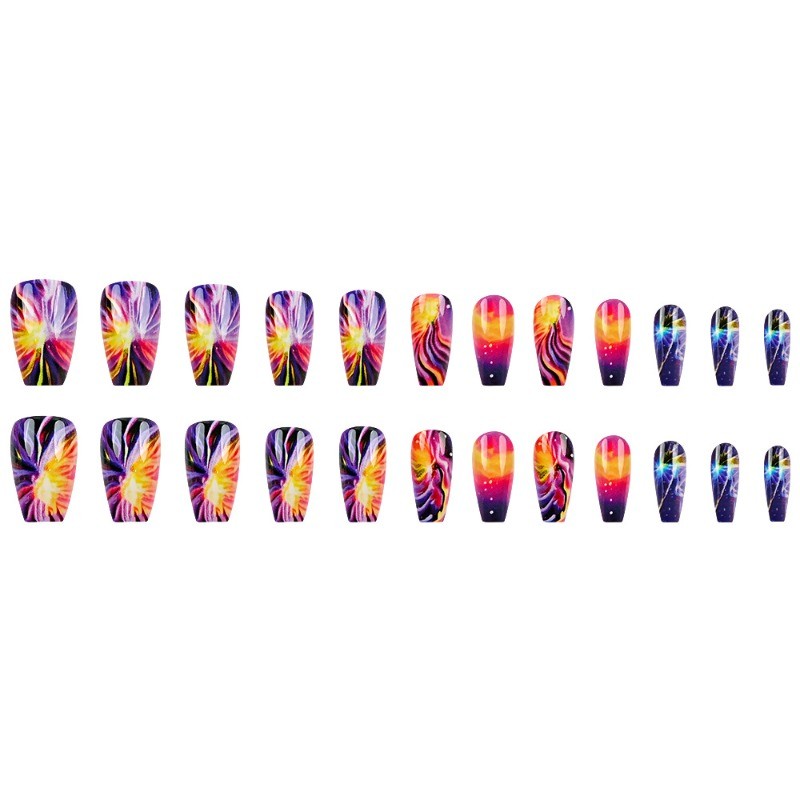 48pcs- Cosmic Swirl Press on Nails, Purple Orange Galaxy Art Medium Coffin Nails