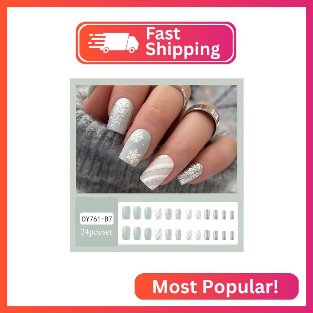 LPOODDNU 24 Pcs Medium Square Christmas Press on Nails with Snowflake Designs, G