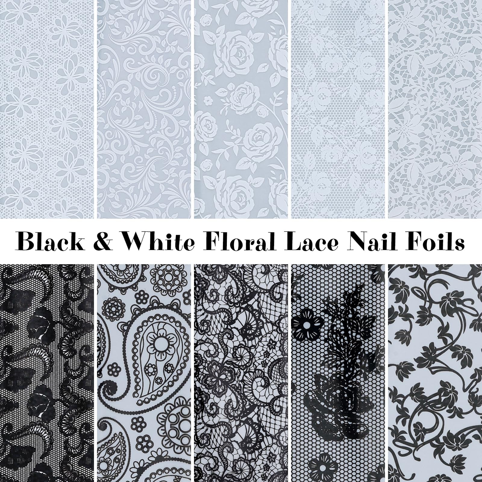 Lace Nail Foil Transfer Sheets, 10 Rolls Black White Flower Art
