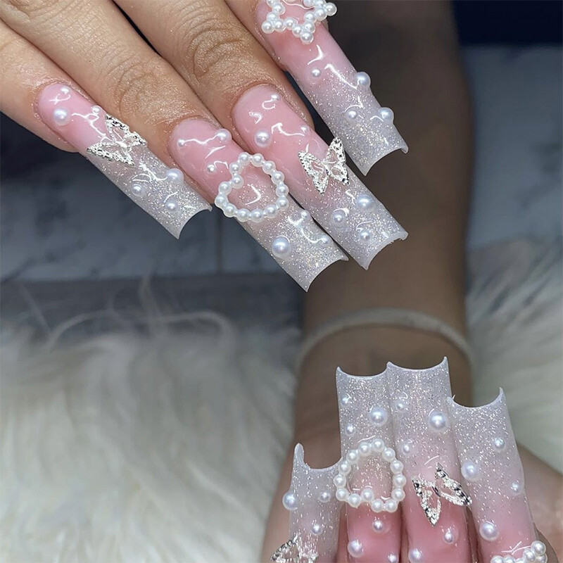Wearable Fake Nails Bling 24Pcs Designs Medium Long Coffin Decor False Nails