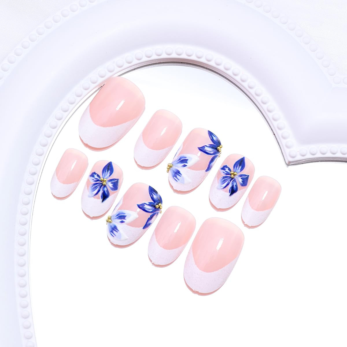 24Pcs White French Tip Press on Nails Short Almond Fake Nails with 3D Gold Beads