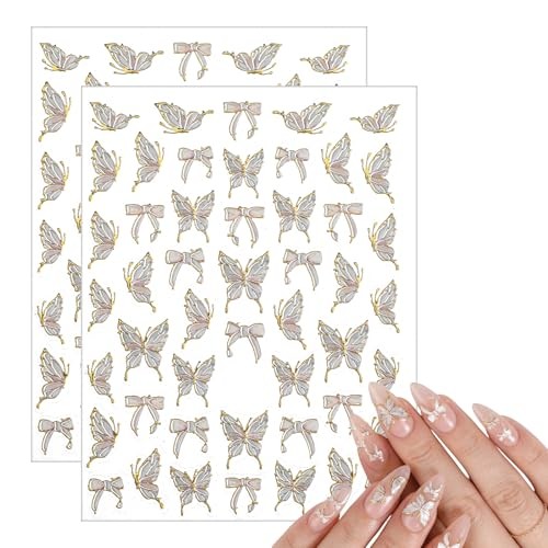 2 Sheets Butterfly Nail Stickers, Pink Light Shell Butterflies Bow Nail Art