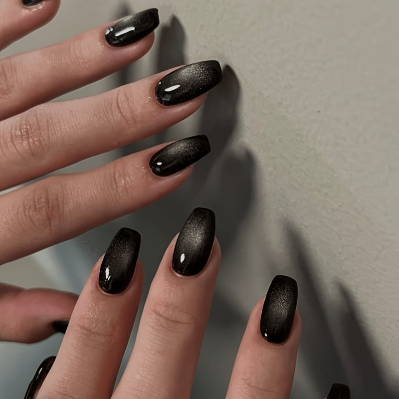60Pcs-Medium Coffin Solid Black Cat Eye Minimalist Trendy Press on Nails