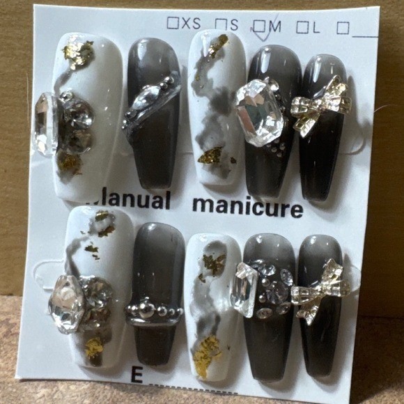Black White Marble Press On Nails Long Coffin 3D Crystal Bow Gold Foil Size M