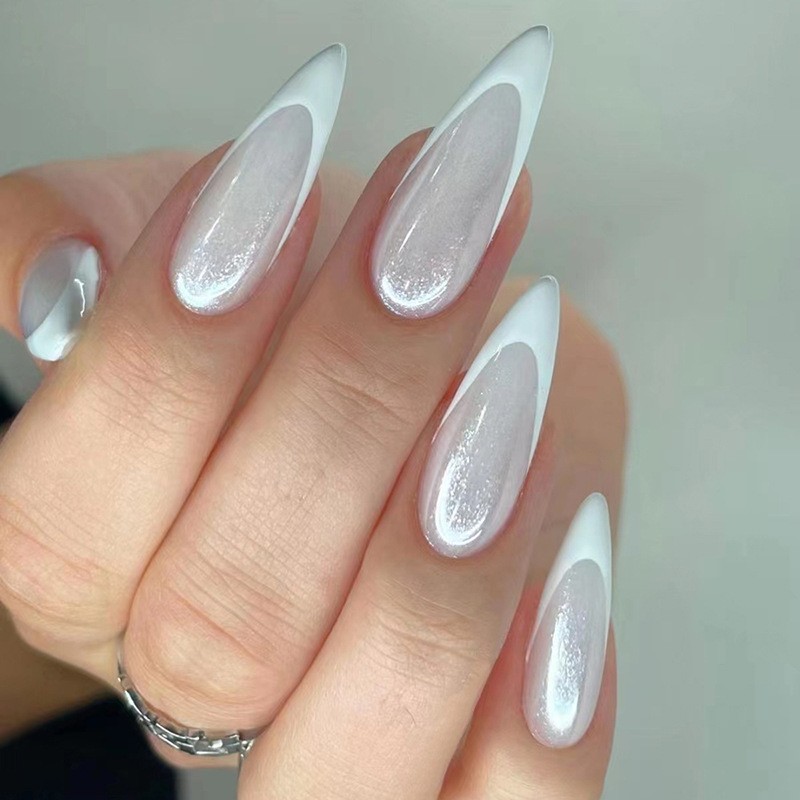 48Pcs-Long Almond Milky White Cat Eye Glitter Hollow French Tip Press on Nails