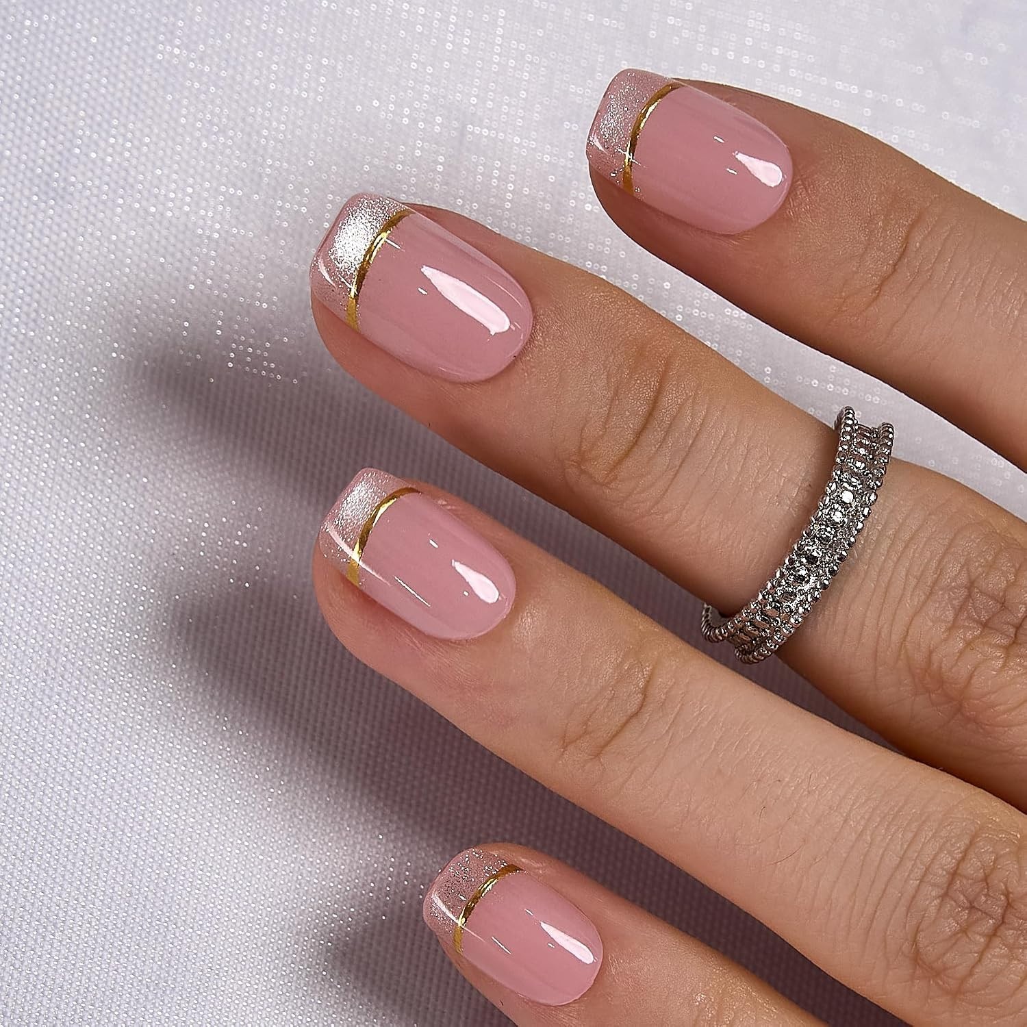 Soft Gel Press on Nails, Cat Eye French Nail Tips, Full Cover Glossy Design R…