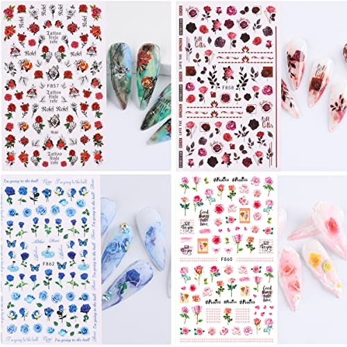 6 Sheets Flower Nail Art Stickers 3D Blue Pink Red Rose Nail Decals Spring