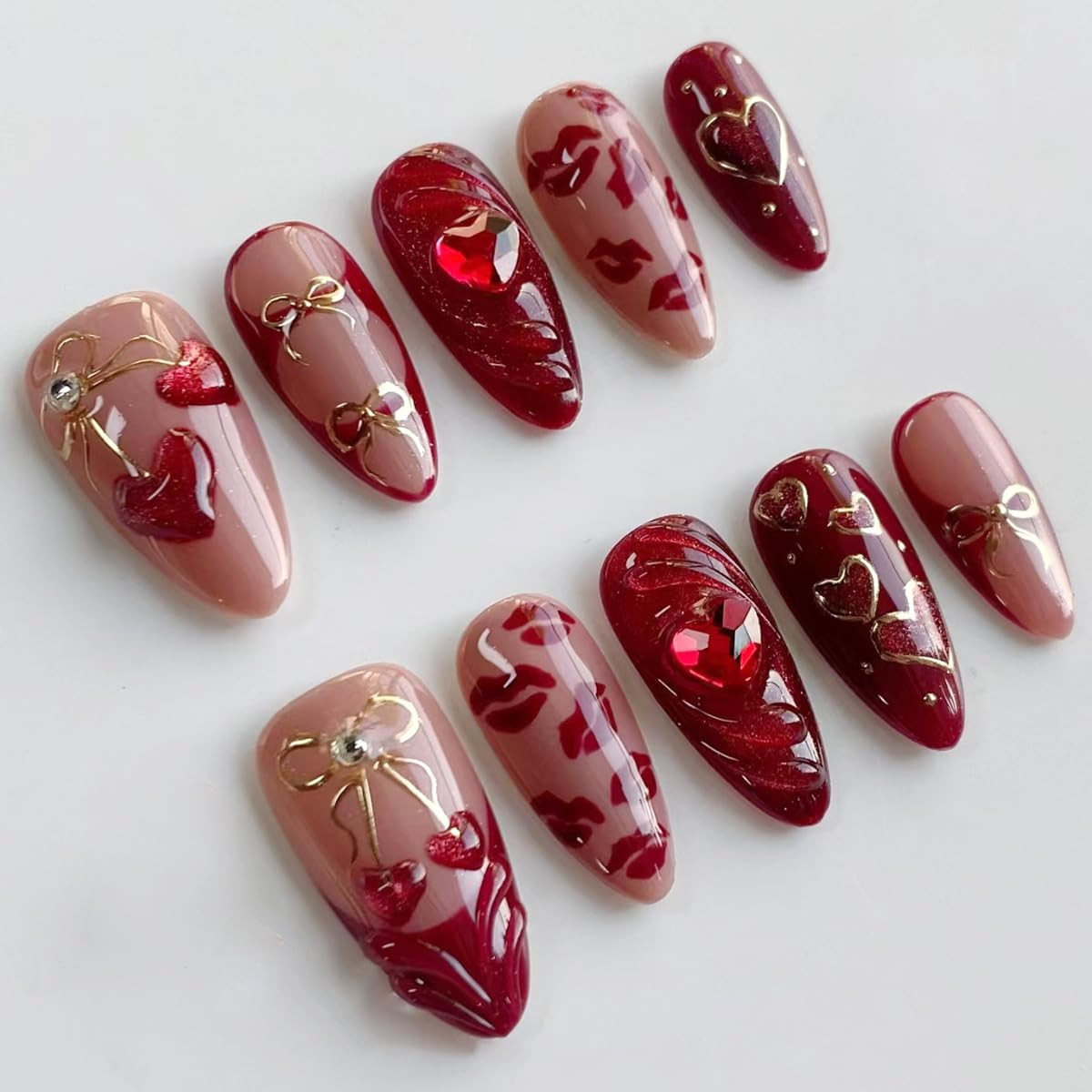 30Pcs Valentines Press on Nails Short Oval Fake Nails with Pink Wavy Stripes Ful