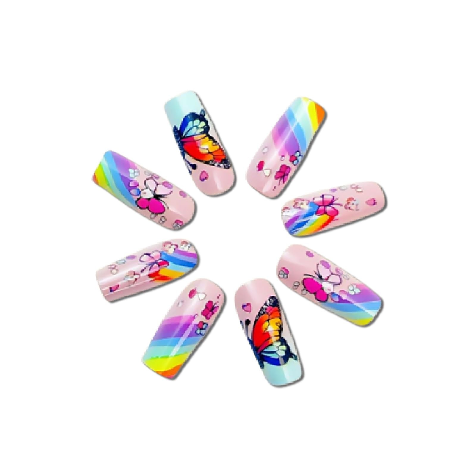 Rainbow Butterfly Press on Nails Medium Square Fake Nails Pink Smudge Design …