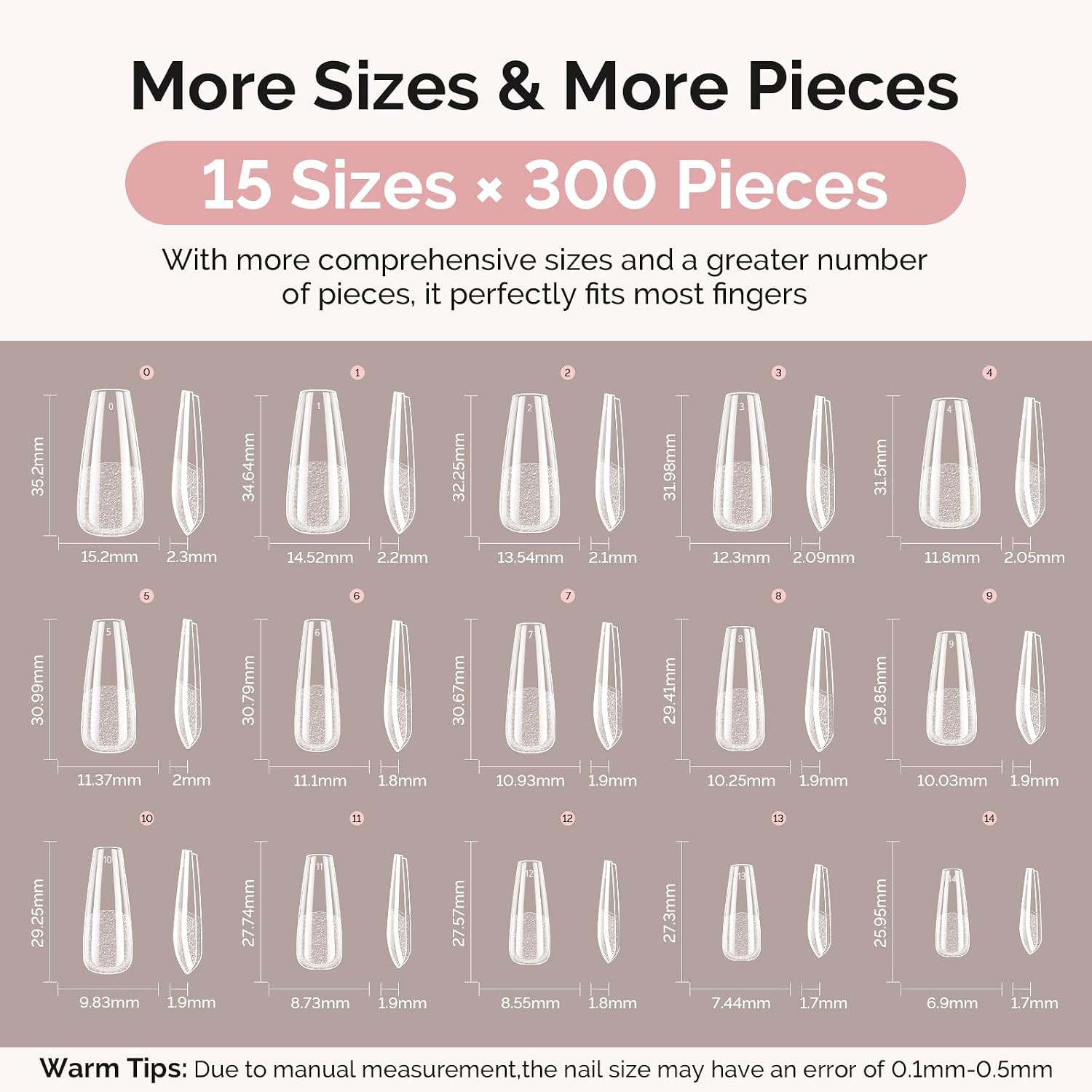 Long Coffin Gel Nail Tips Kit-300Pcs Pre-Building Apex Fake Nail Tips 20G Solid