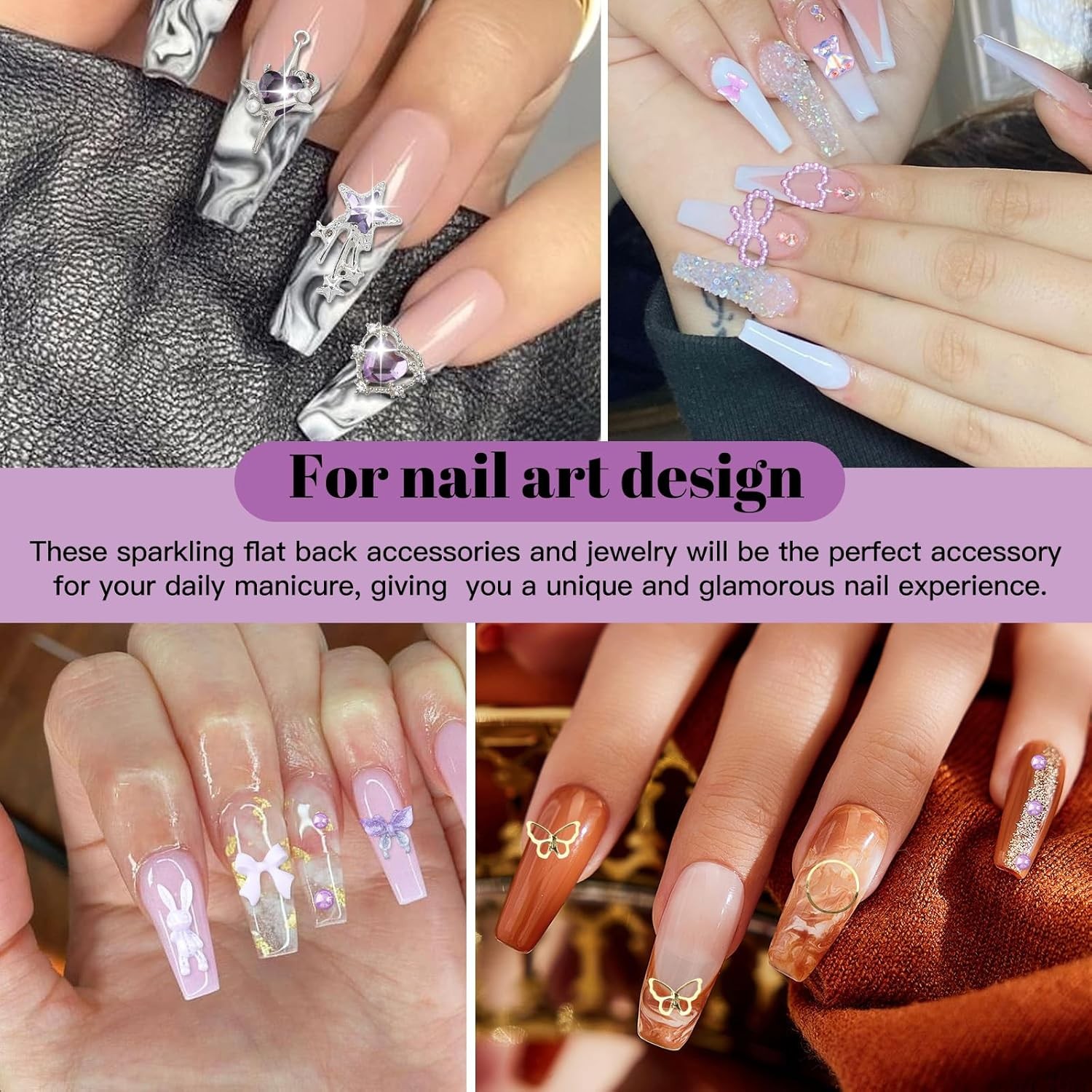 Multi Shapes Acrylic Nail Charms for 3D Nail Art, Purple Heart Flower Bow Star B