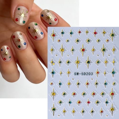 11 Sheets Star Nail Stickers Set, Include 5D Embossed Gold Star Nails Style-4
