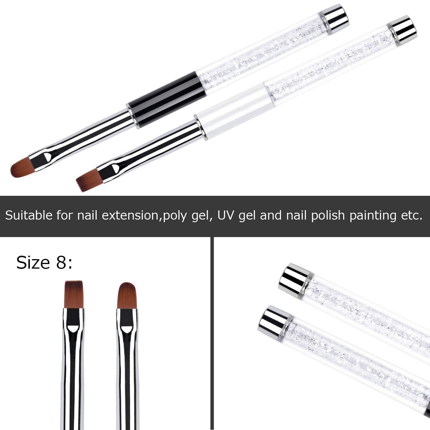 2Pcs Oval & Flat UV Builder Gel Nail Brush Set Rhinestone Handle Professional Na