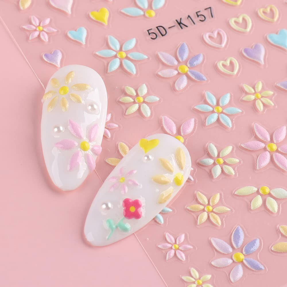 5D Nail Stickers Embossed Daisy Flower Bride Decals Nail Art Decoration DIY Chic