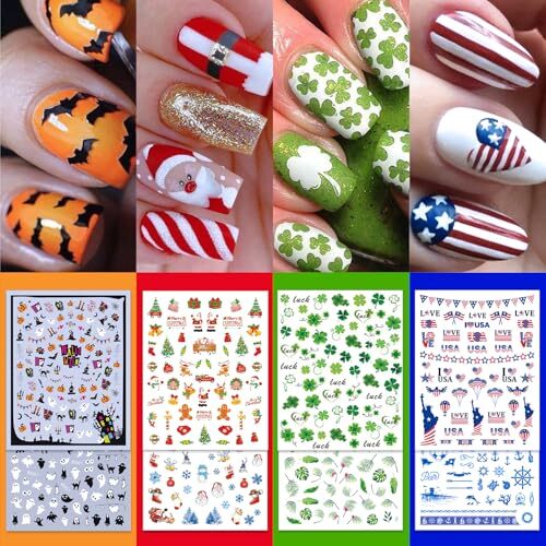 24 Sheets Seasonal Nail Art Stickers, Four Season Variety Pack All Holiday