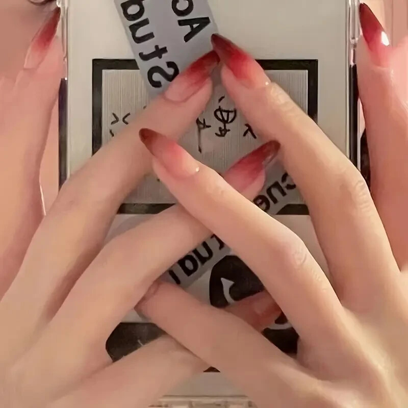 24pcs Almond Shape Press On Nails, Middle Length Drop Shaped Gradient Red False
