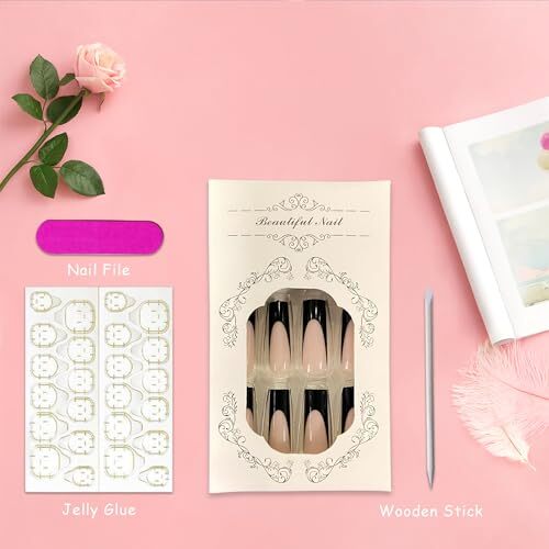 Press on Nails Extra Long Square Fake Nails Glossy Full Cover Black French Tip