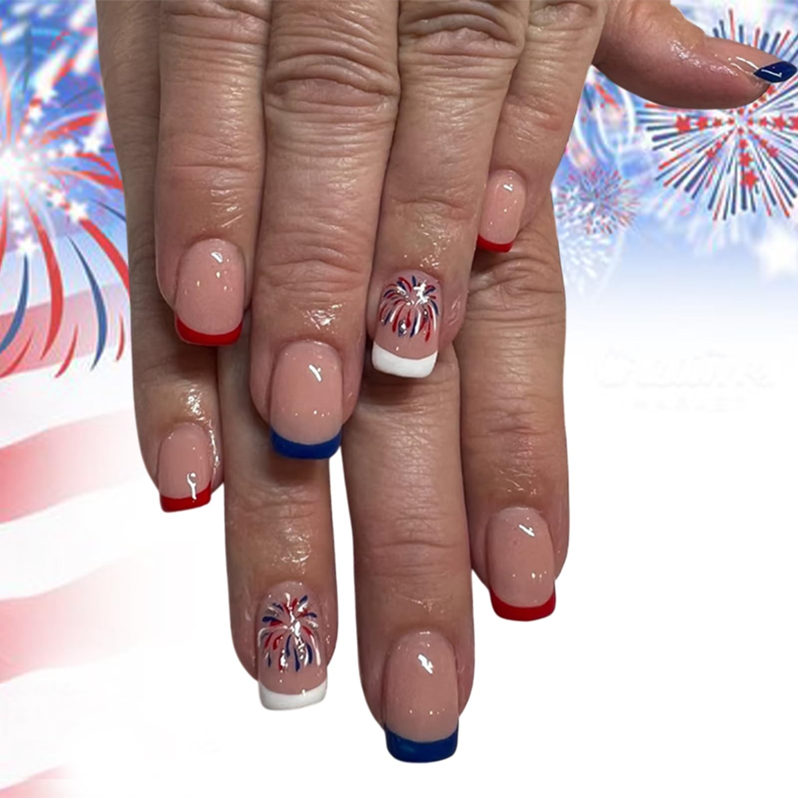 4th of July French Fireworks Press on Nails Short Square Multicolor
