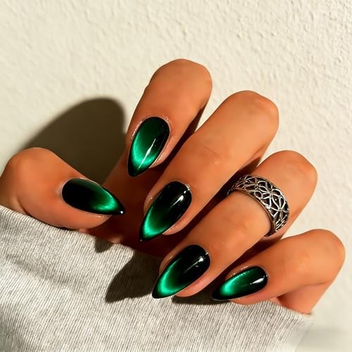 Cat Eye Press On Nails Almond – Dark Emerald Green Press On almond black teal