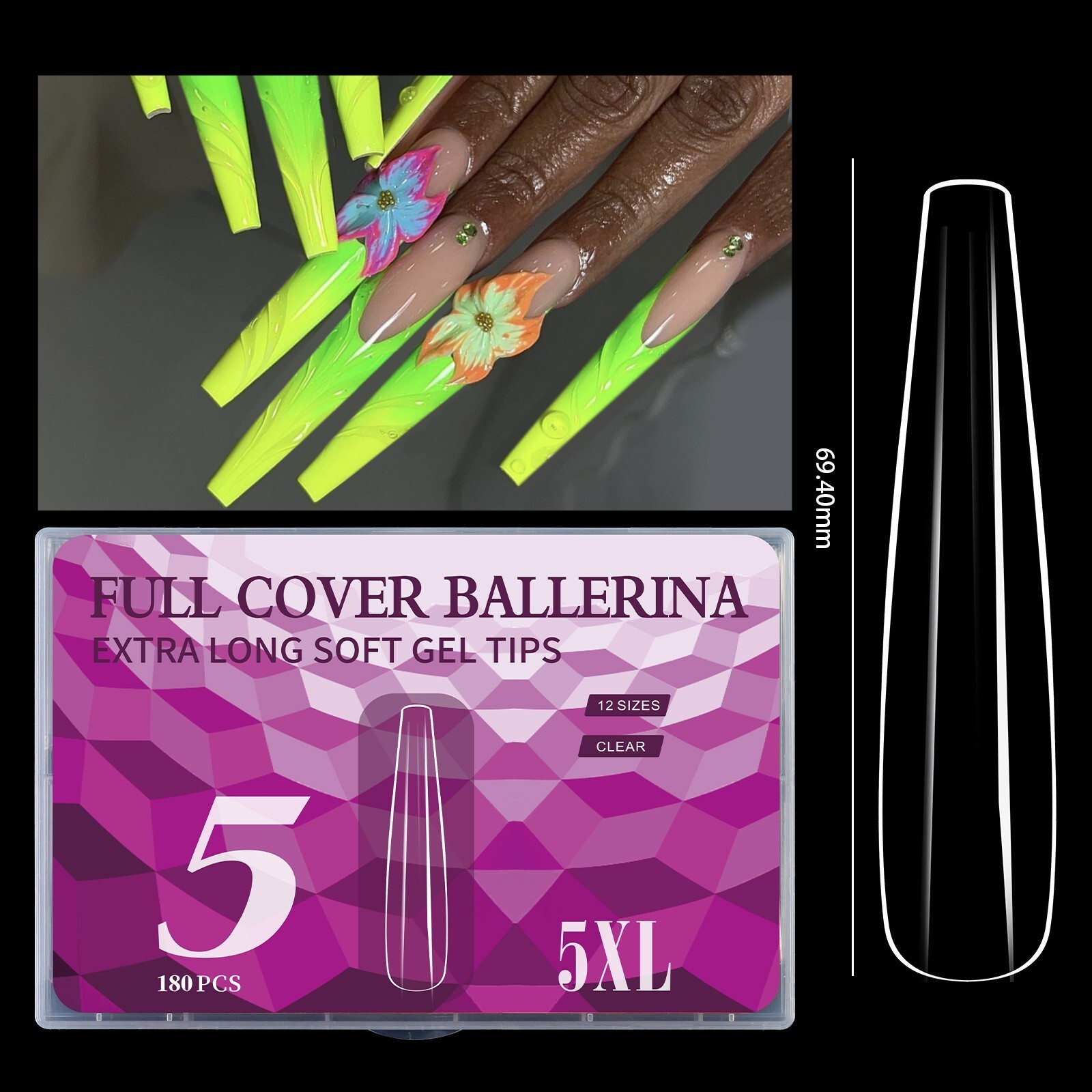 180pcs 5XL Extra Long Coffin/Stiletto/Square/Ballerina Soft Gel Nail Tips Clear