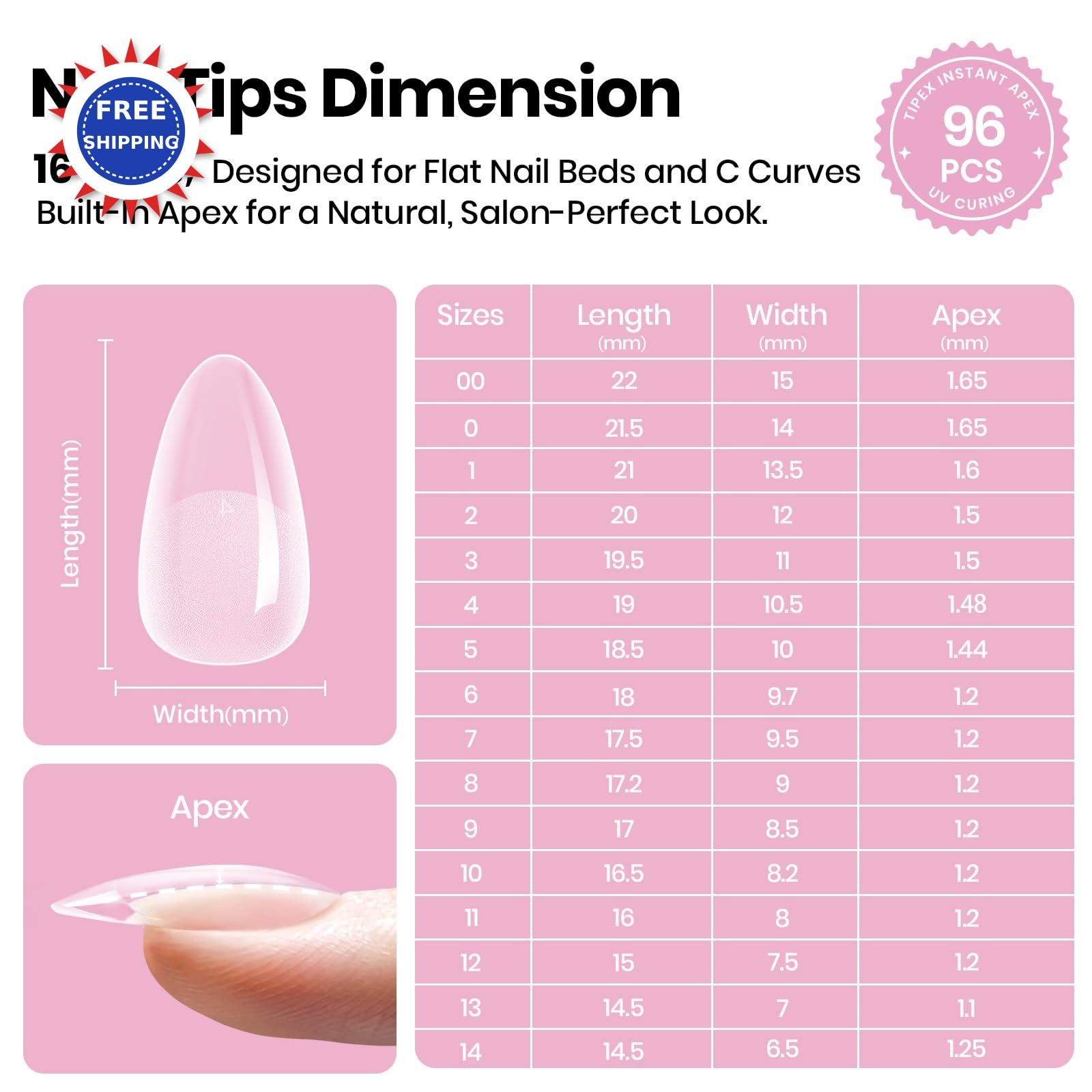 Nail Tips Acrylic Almond Short Pre Built Apex 00-14 Beetles Tipex Lite