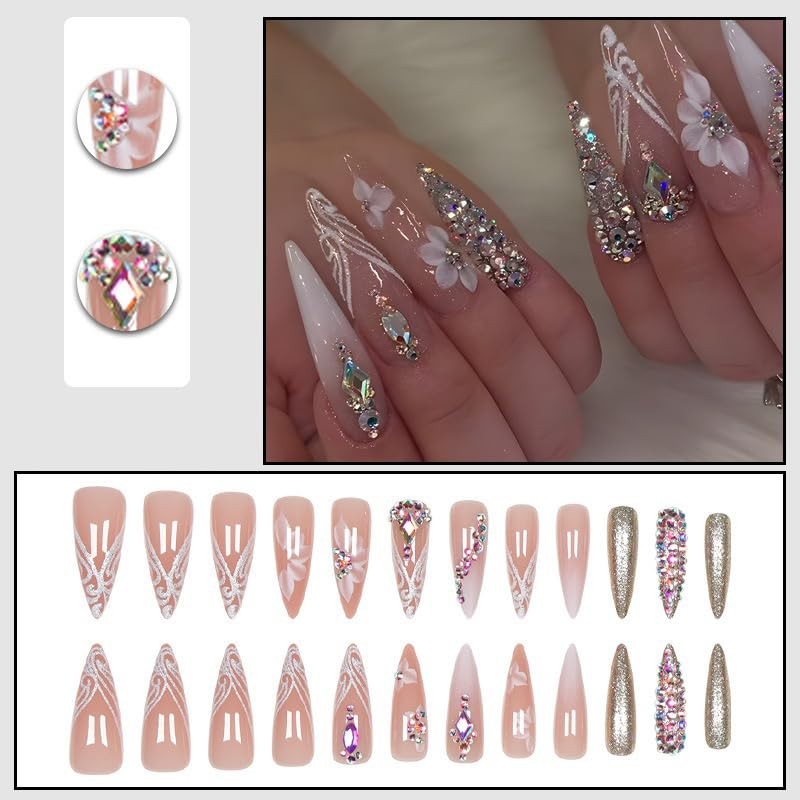 Long Press on Nails Almond Fake Nails Flower 1 Fl Oz (Pack of 1) Ombre White