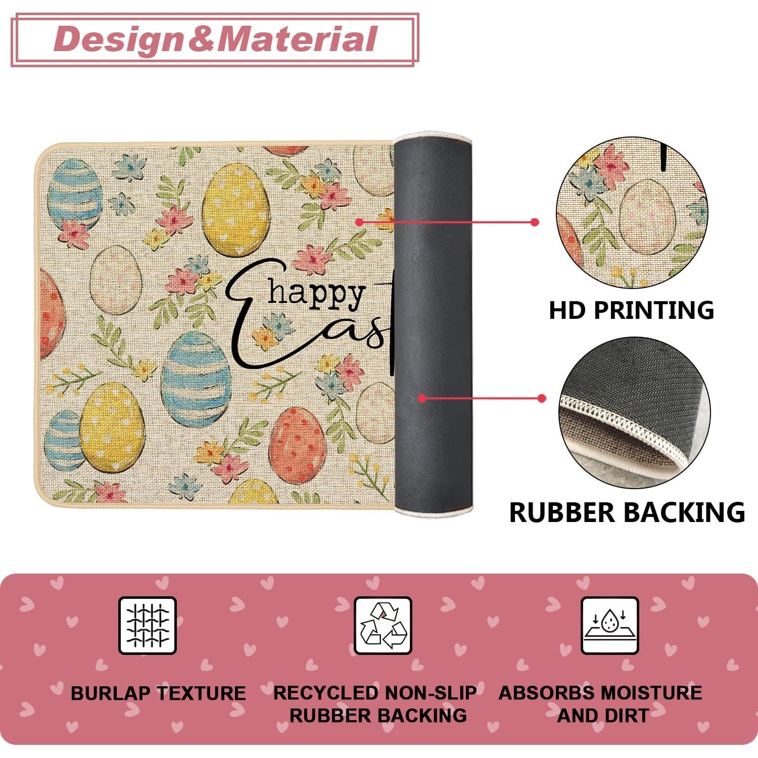 Baccessor Easter Kitchen Rugs Set of 2, Bunny Colorful Eggs Floral Kitchen Ma…
