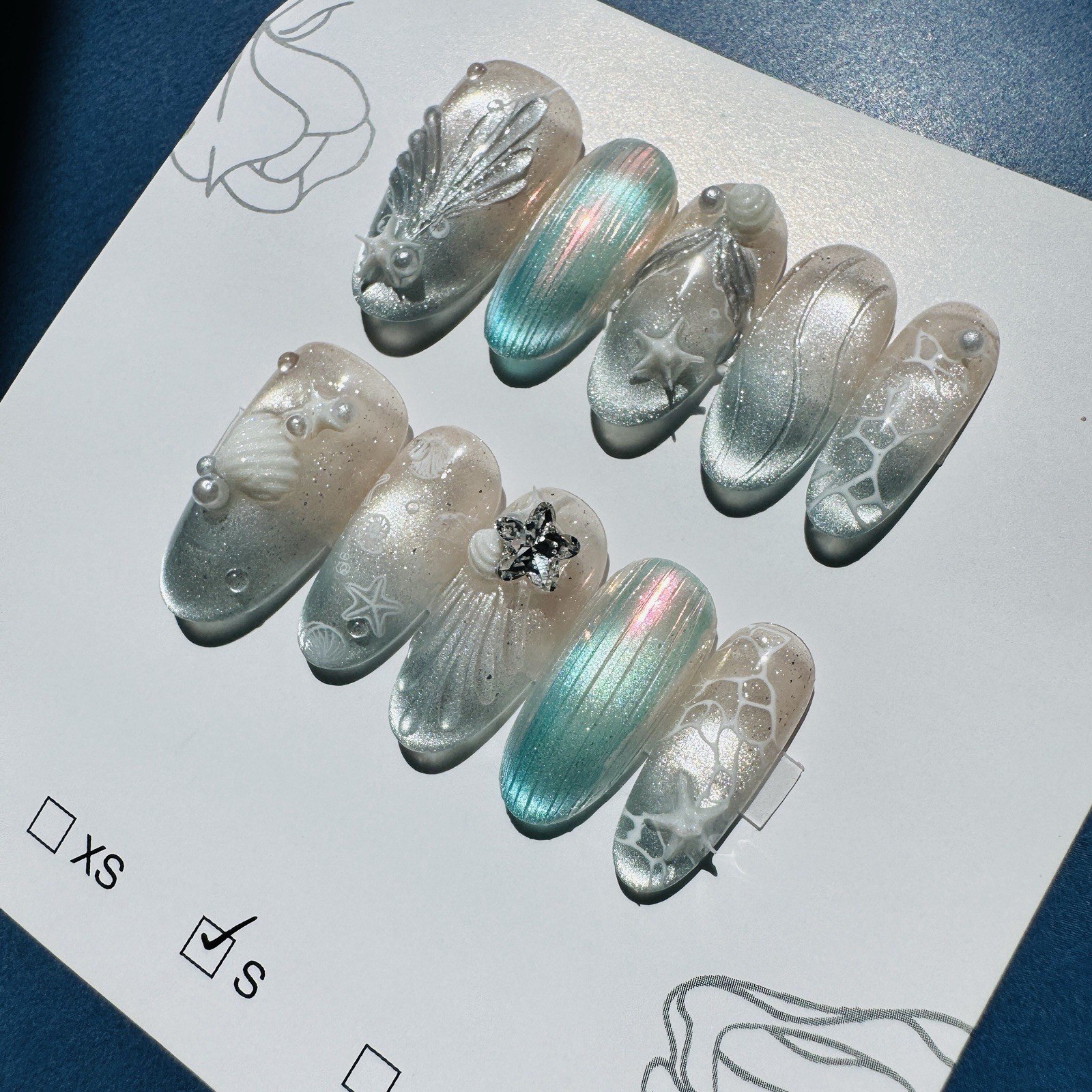 Press-On Nails Long Oval Blue/Beige Ocean Theme Laser 3D Full Cover Handmade