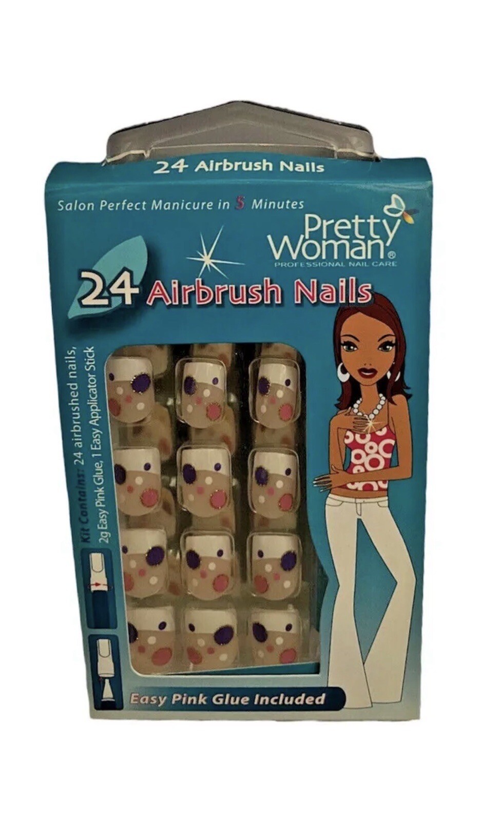 Pretty Woman 24Airbrush Nails +Glue. White Tips Purple Pink and White Polka Dots