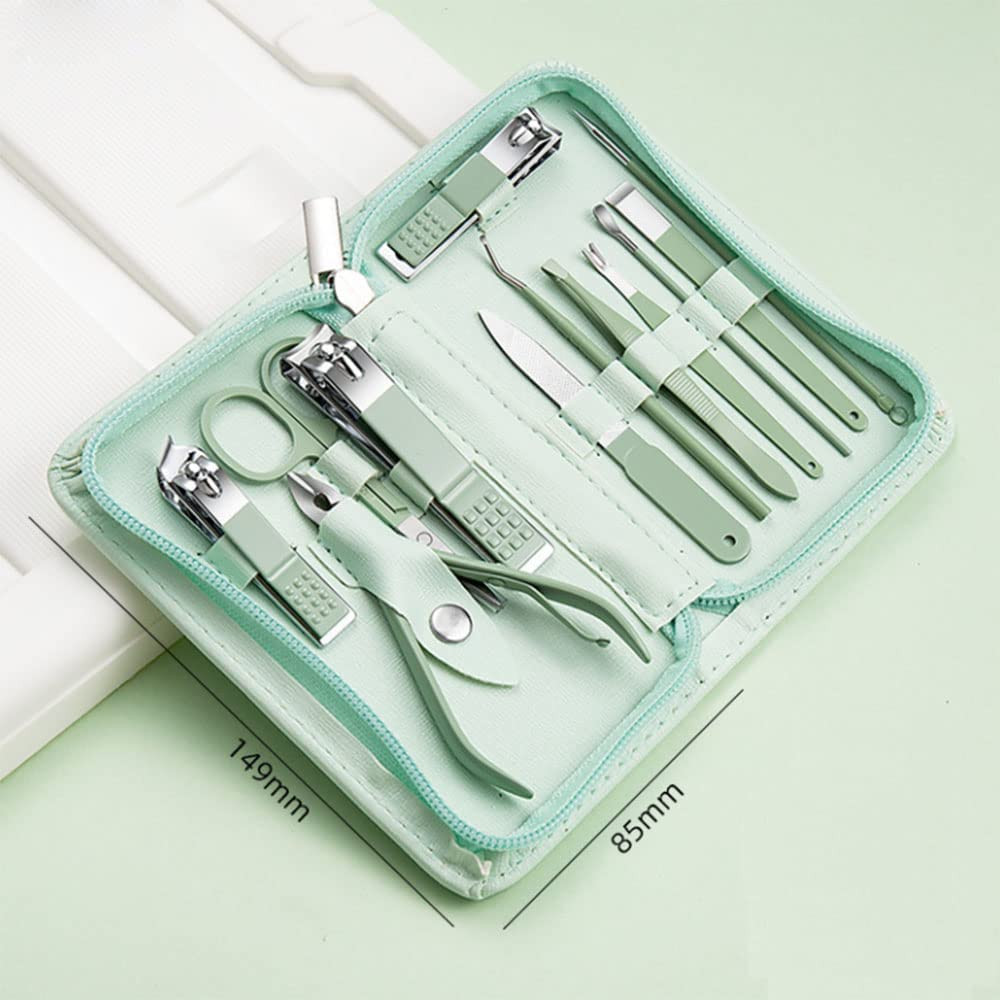 12-Piece Nail Care Kit, Mint Green Leather Travel Case,Manicure Set Personal Car