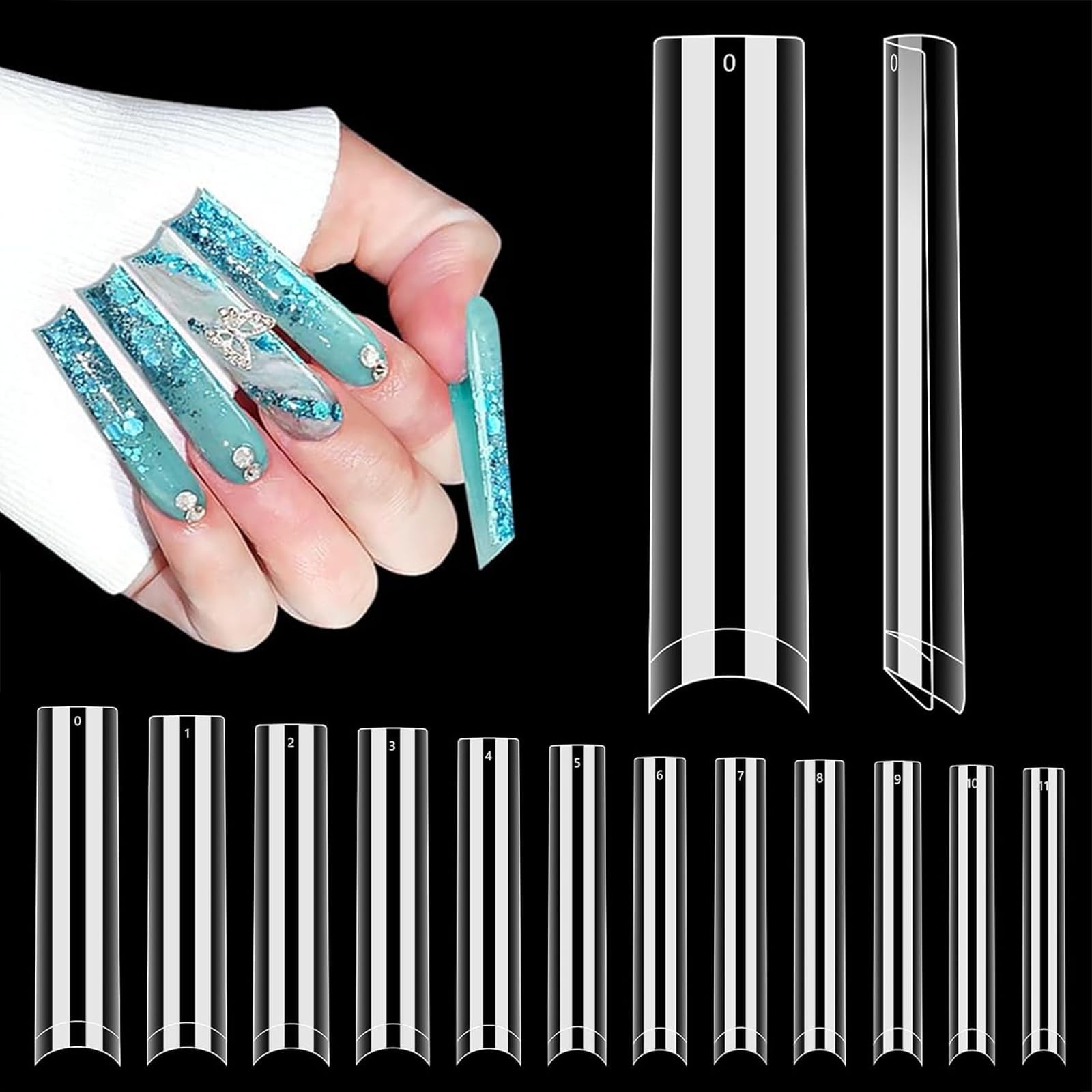 LIONVISON 3XL Square Nail Tips: No C Curve Flat 504pcs square with box, Clear