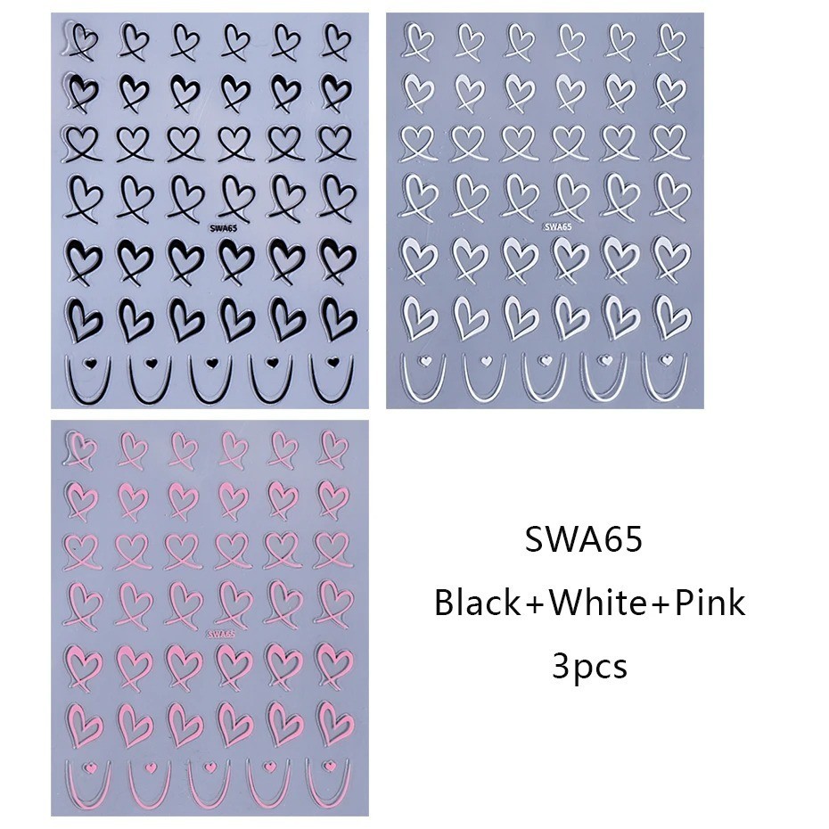 Nail Art Stickers 3D Black White Pink Lines Love Heart Nail Decals Adhesive 3PCS