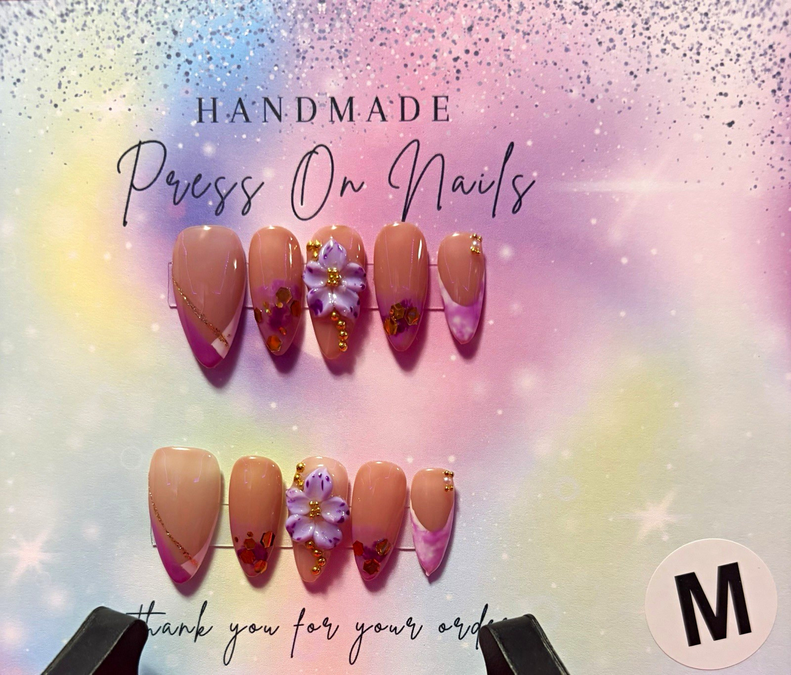 Pink/Beige/Gold 3D Flower Coffin Press-On Nails Set, Medium, Full Cover