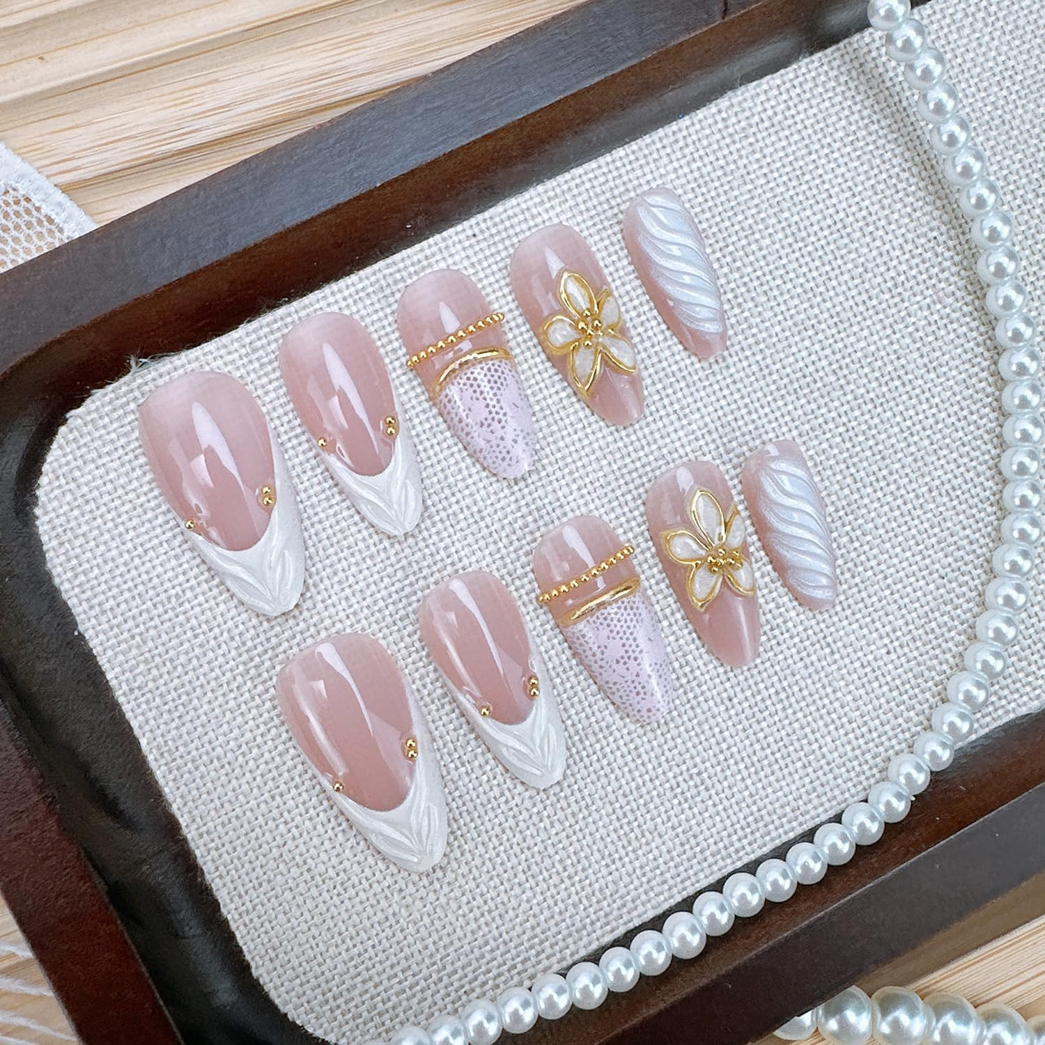 24Pcs White French Tip Press on Nails Medium Almond Fake Nails with 3D Gold Flor