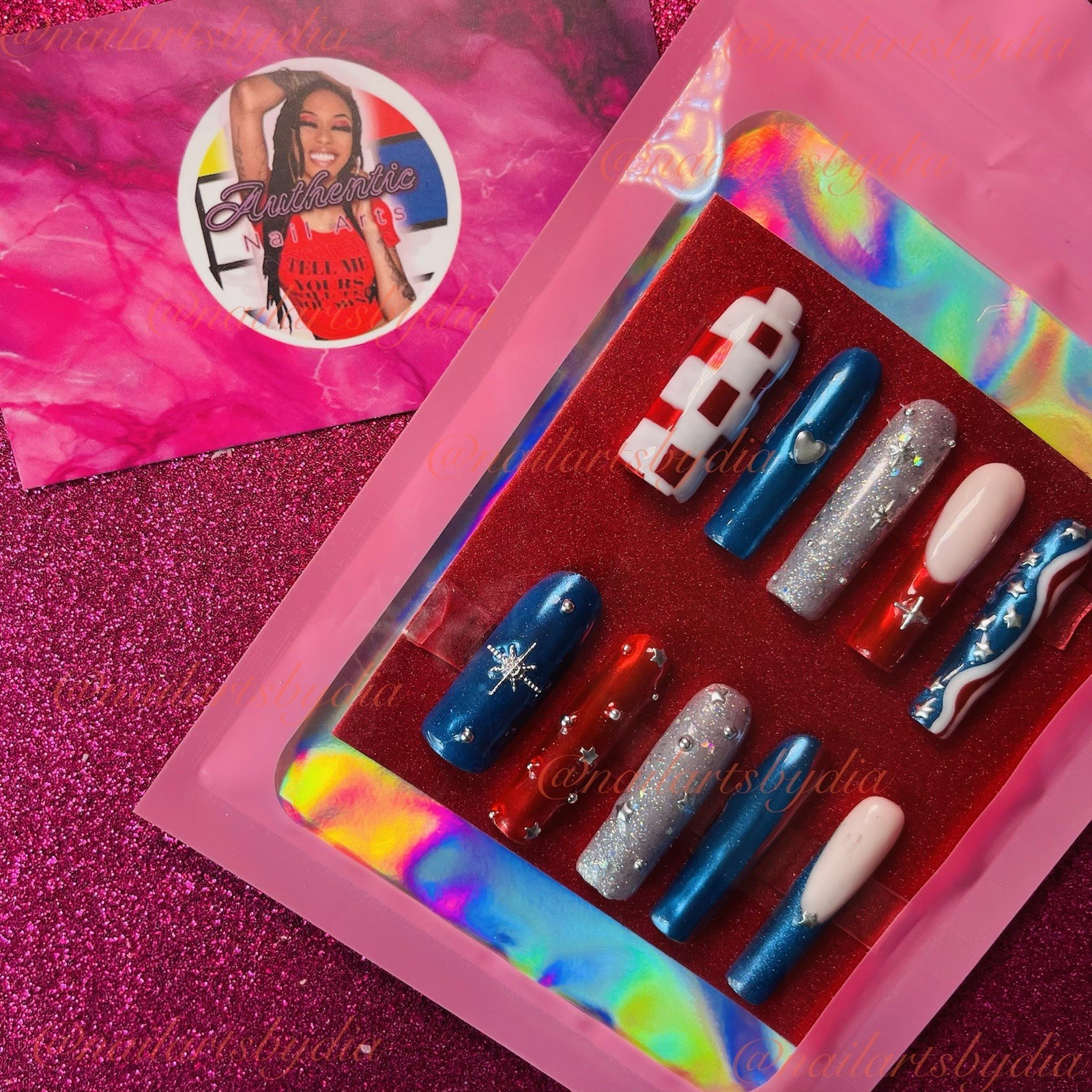 Authentic Nail Arts by Dia Long Coffin Press-On Nails Red White Blue Glitter