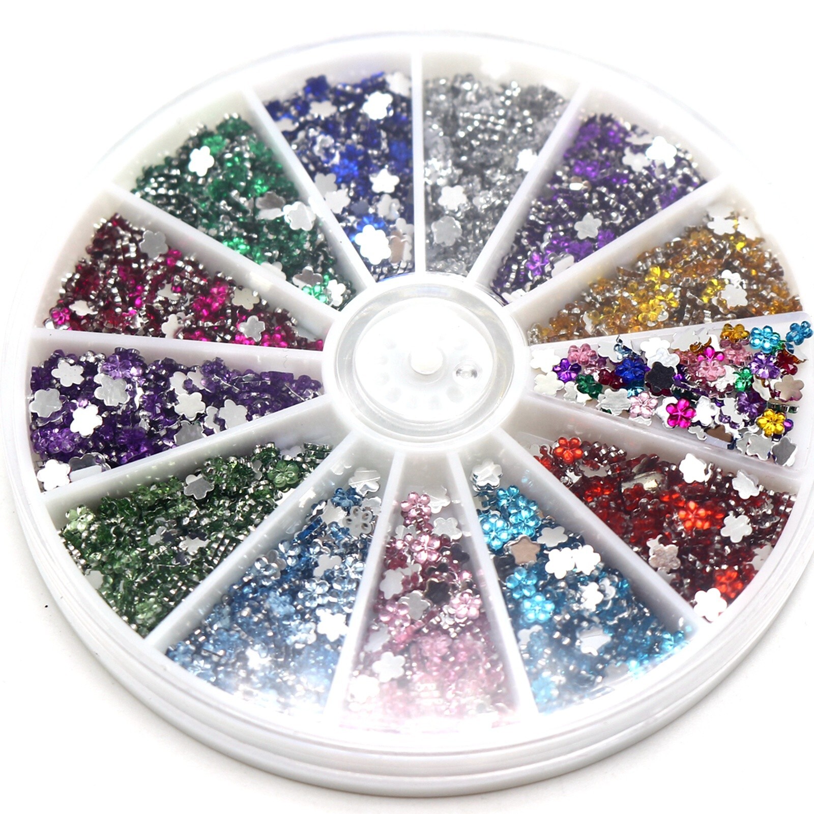 2400 Flower 3mm Flatback Acrylic Rhinestone Gems with Wheel 12 Colour Nail Art