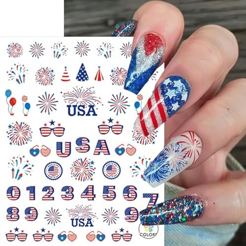 8 Sheets Independence Day Nail Stickers for Nail Art USA 4th of July Fireworks