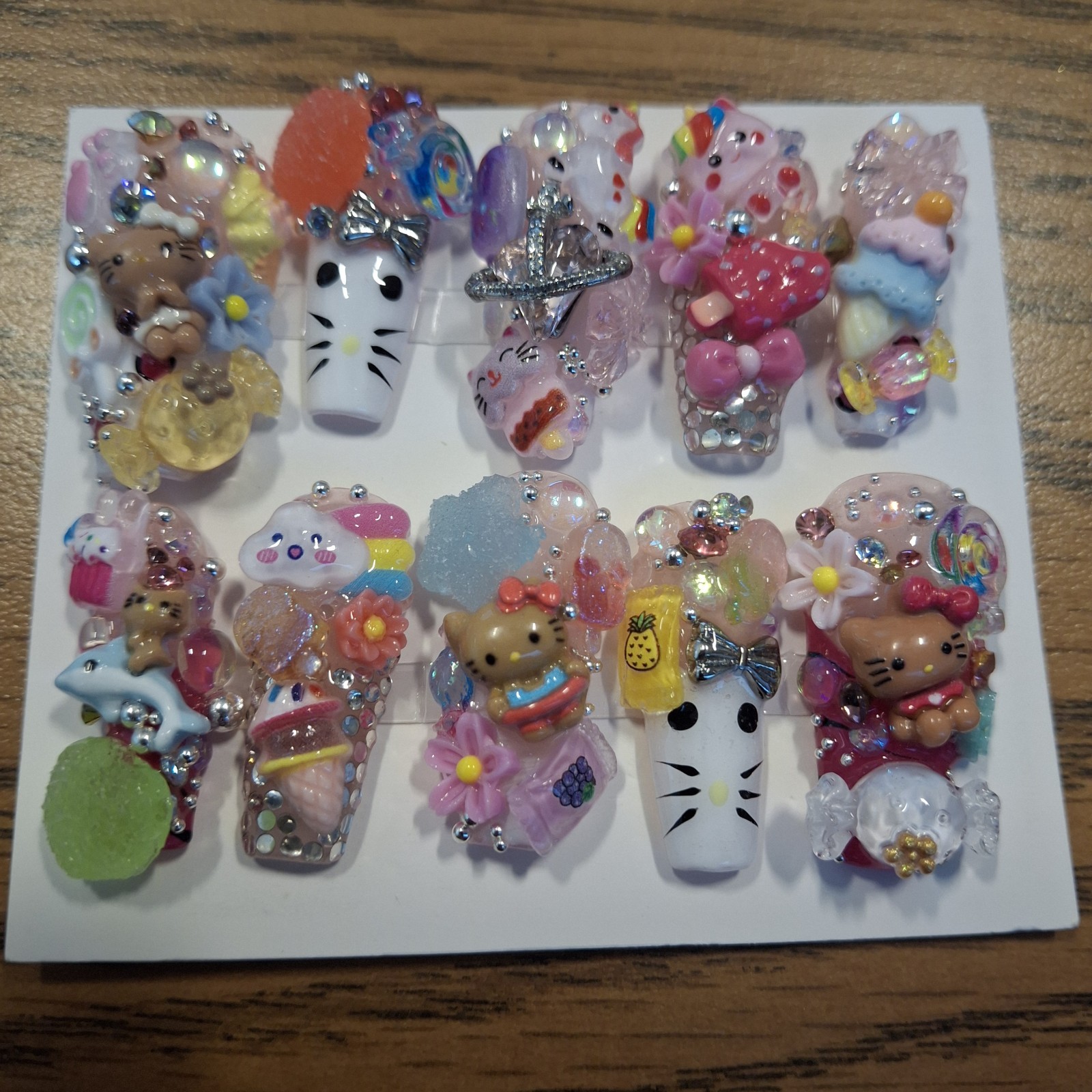 Hand Made, Special Occasion, “Hello Kitty Sweet Shop” Junk Nails. Sized Medium.