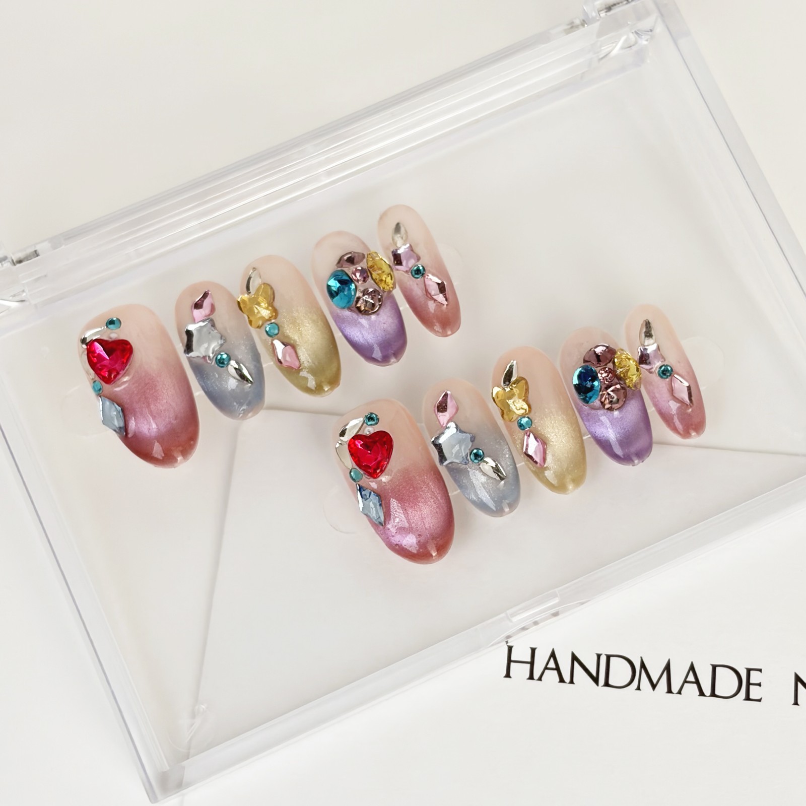 Rainbow Sugar Diamond Press-On Nails Medium Oval Sweet Cool Style Handmade Set