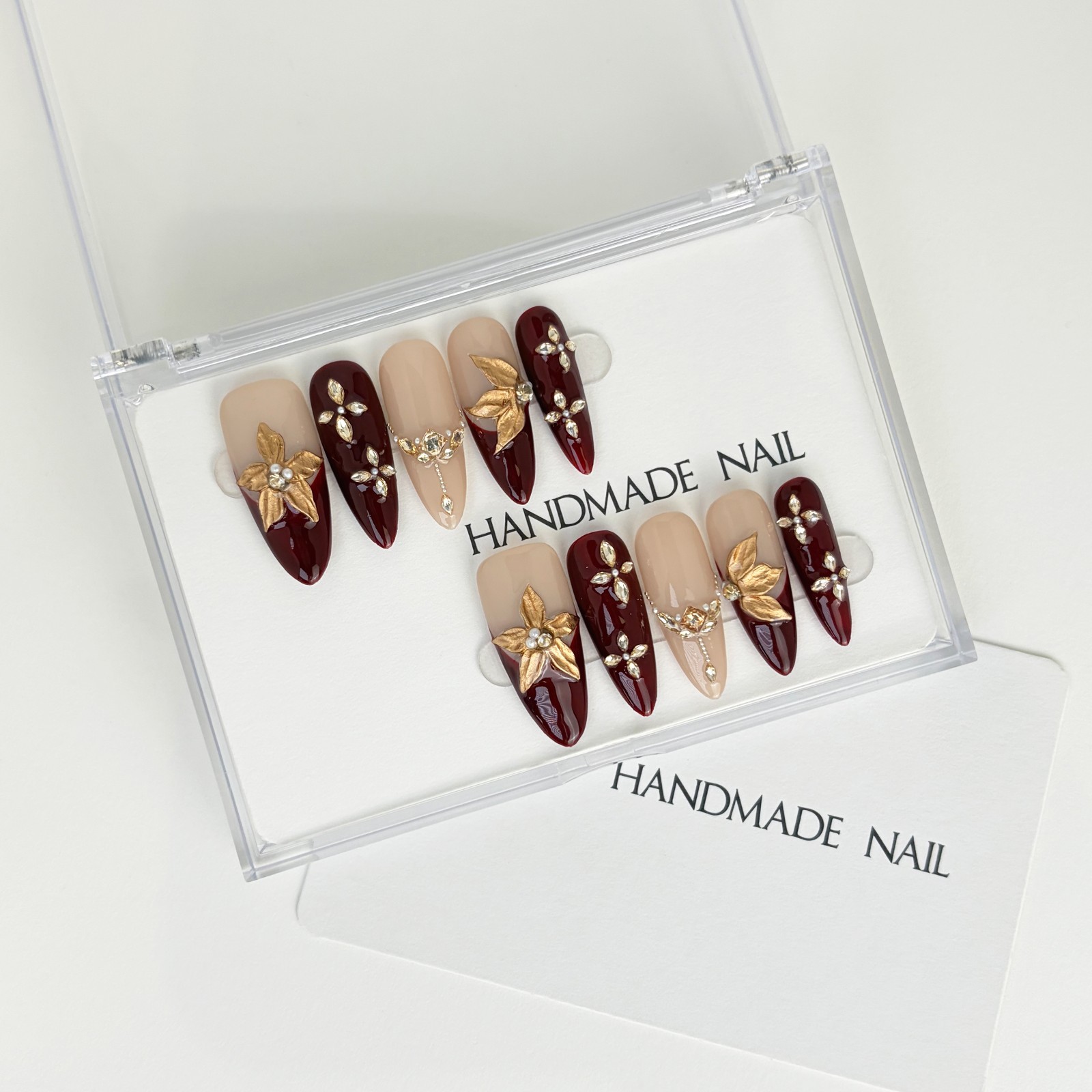 Vintage Gold Maple Leaf Red Press-On Nails with Pearls & Rhinestones Long Almond