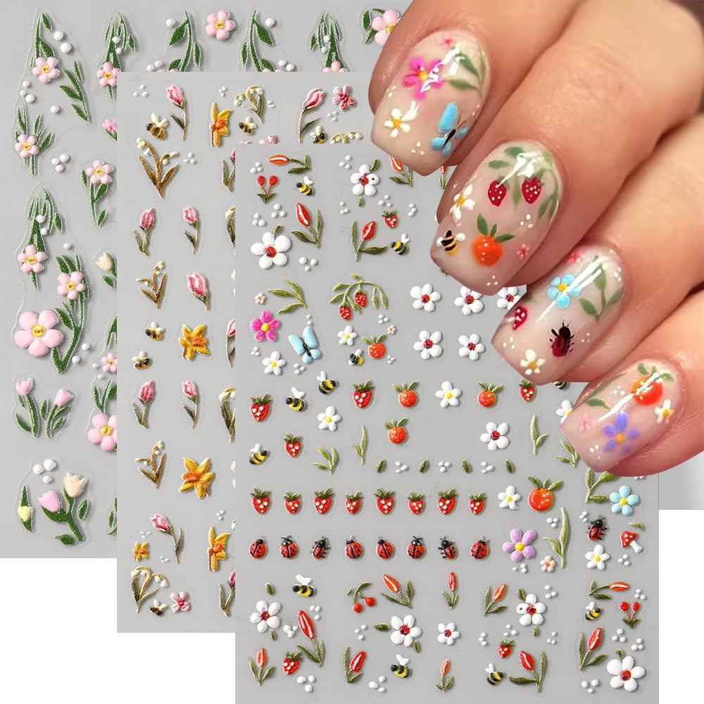 Nail Stickers for Nail Art, 5D Embossed Cute Floral Bee Ladybug Flower Nail Deca